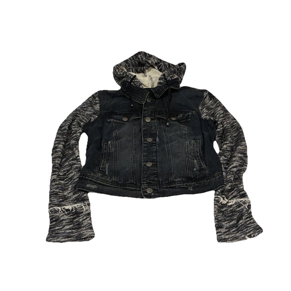 Free People Denim Distressed Hooded Jean Knit Jacket Women Small Measured Grunge
